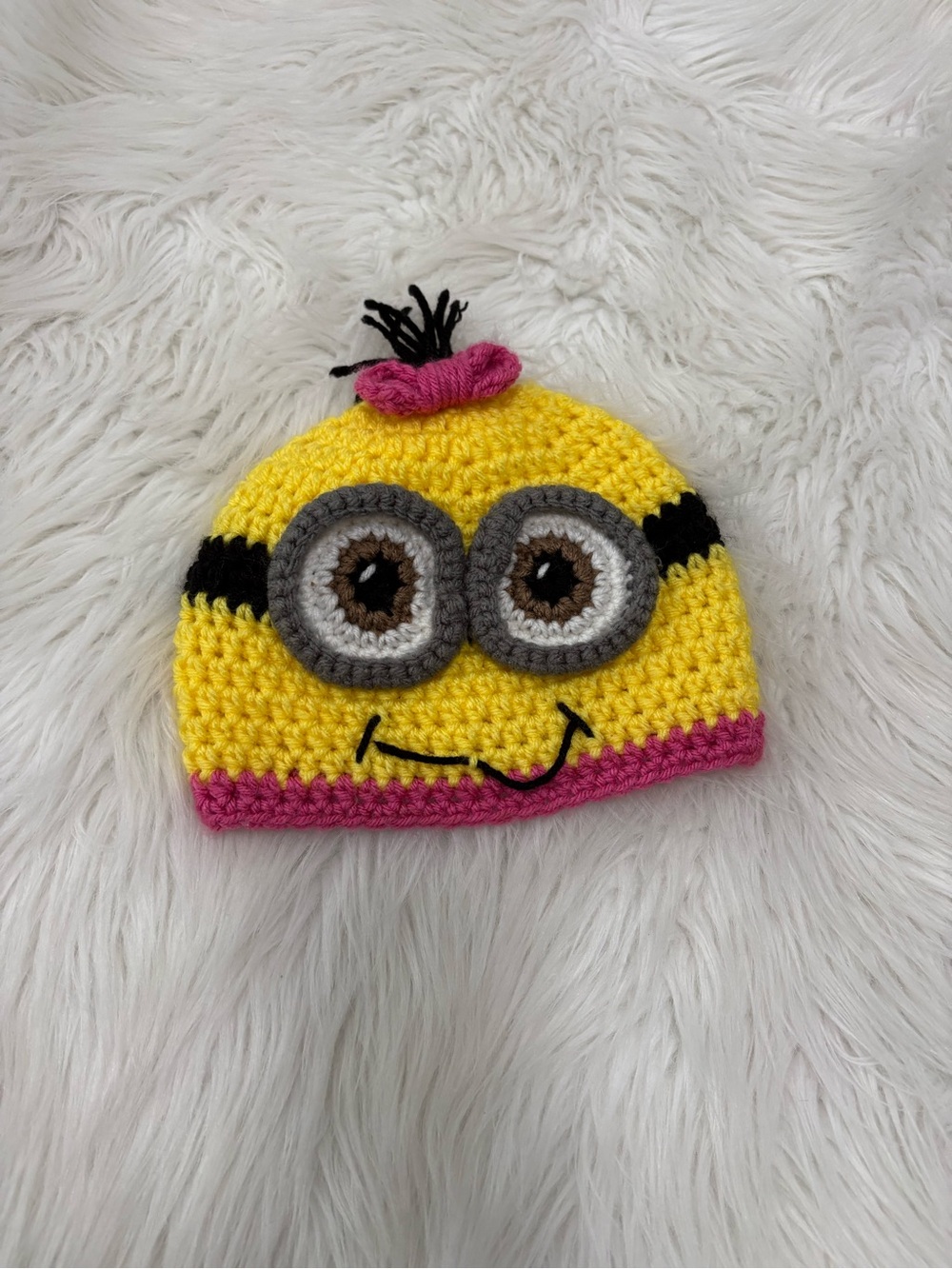 Handmade Crocheted Minion-Style Beanie in Yellow & Pink